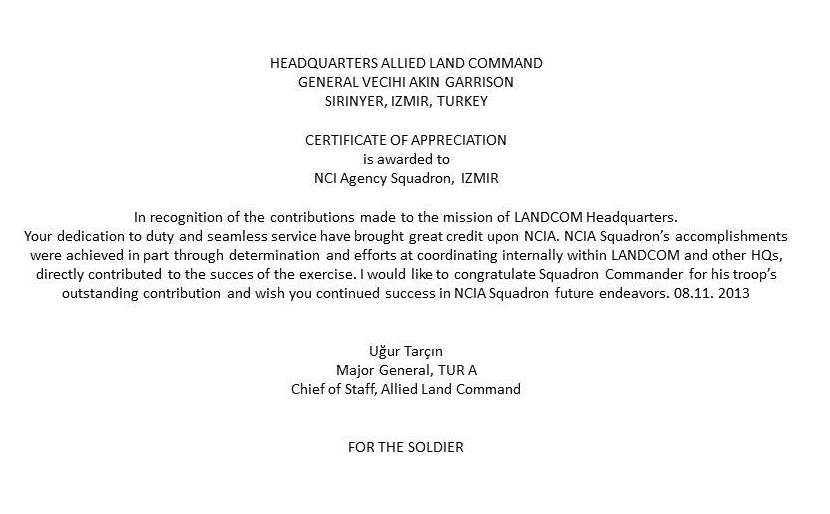 Certificate of Appreciation for NCI Agency Squadron Izmir